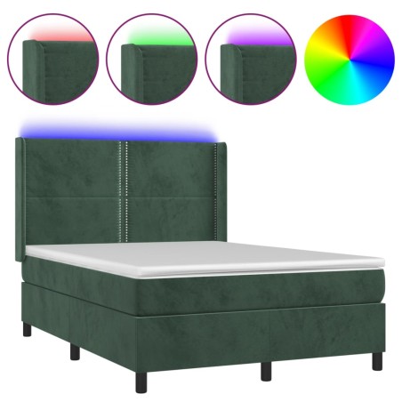 vidaXL Cama box spring colchón y LED terciopelo verde oscuro 140x200cm