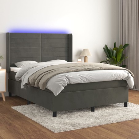 vidaXL Cama box spring colchón y LED terciopelo gris oscuro 140x200 cm