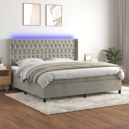 vidaXL Cama box spring colchón y LED terciopelo gris claro 200x200 cm