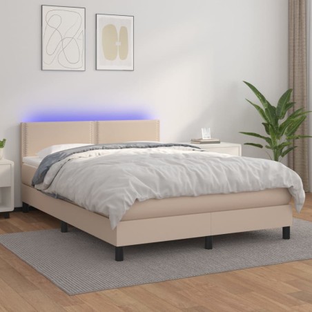 vidaXL Cama box spring colchón LED cuero sintético capuchino 140x190cm