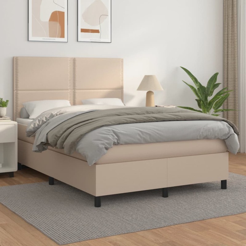 vidaXL Cama box spring con colchón cuero sintético capuchino 140x200cm vidaXL Cama box spring con colchón cuero sintético capuchino 140x200cm