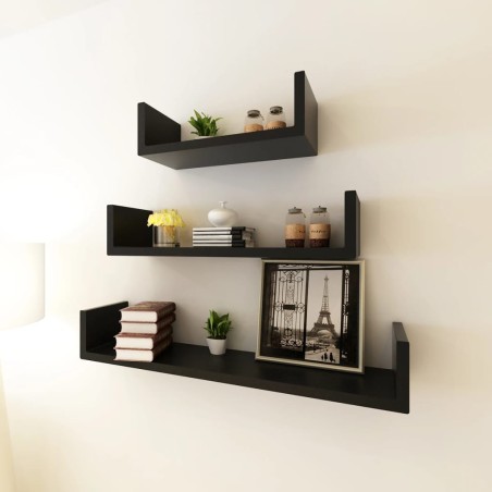 vidaXL Estantes flotantes pared 3 pzas MDF negro forma U libros/DVD