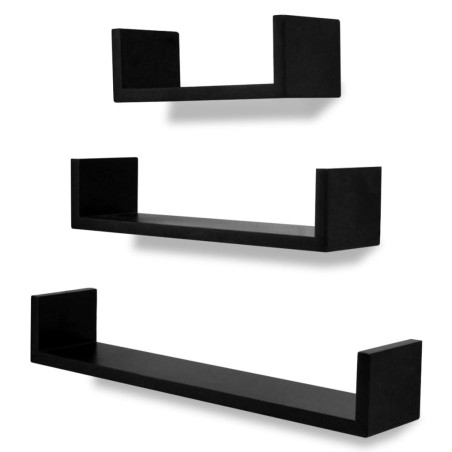 vidaXL Estantes flotantes pared 3 pzas MDF negro forma U libros/DVD