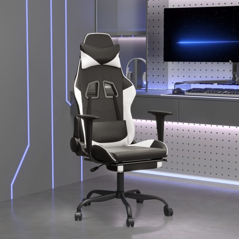 vidaXL Silla gaming con reposapiés cuero sintético negro blanco vidaXL Silla gaming con reposapiés cuero sintético negro blanco