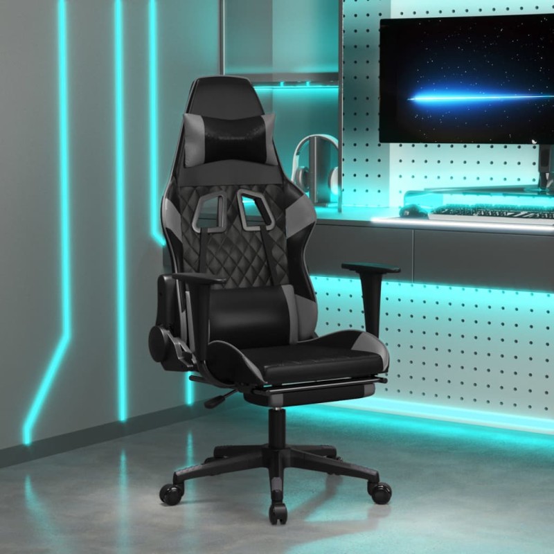 vidaXL Silla gaming con reposapiés cuero sintético negro gris vidaXL Silla gaming con reposapiés cuero sintético negro gris