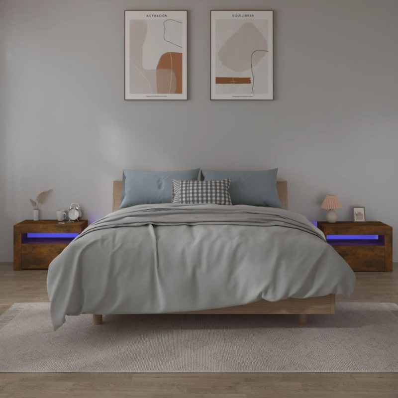 vidaXL Mesitas de noche con LED 2 uds color roble ahumado vidaXL Mesitas de noche con LED 2 uds color roble ahumado