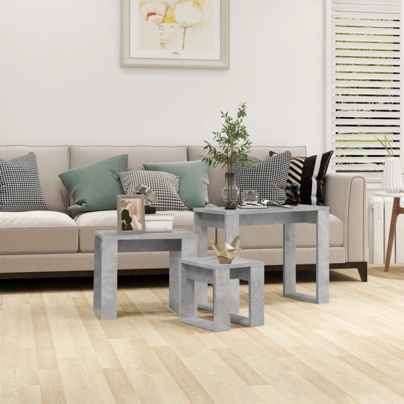 vidaXL Mesas apilables 3 piezas madera contrachapada gris hormigón vidaXL Mesas apilables 3 piezas madera contrachapada gris hormigón