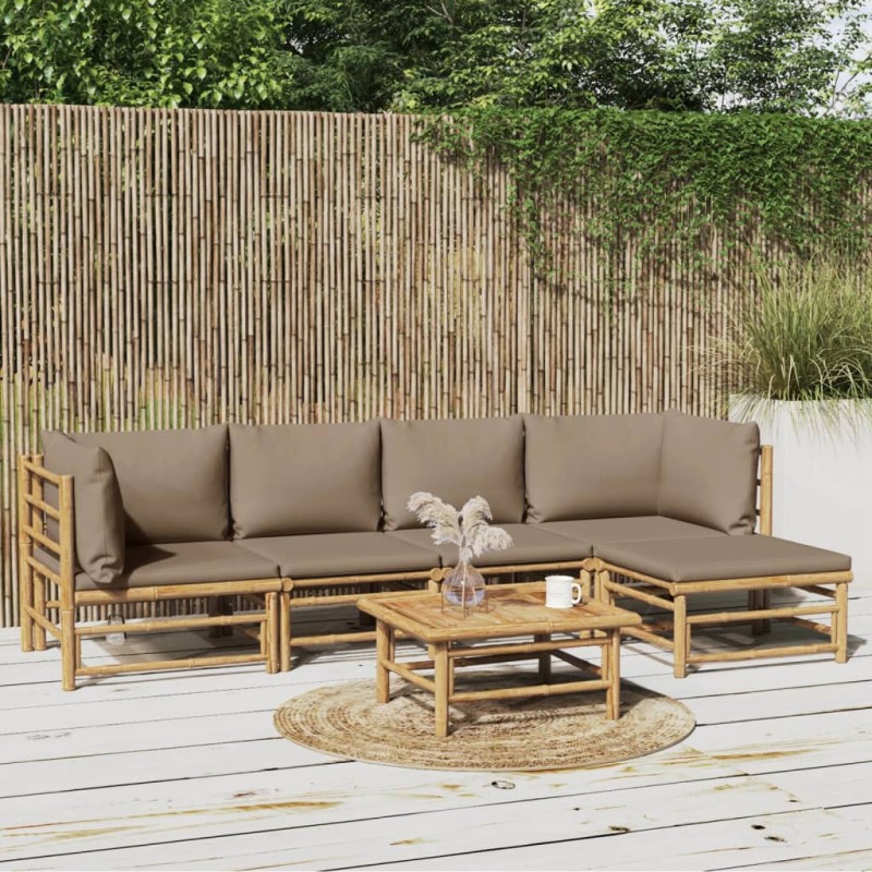 vidaXL Set de muebles de jardín 6 piezas bambú con cojines gris taupé vidaXL Set de muebles de jardín 6 piezas bambú con cojines gris taupé