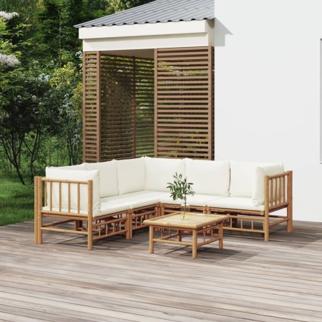 vidaXL Set de muebles de jardín 6 piezas bambú y cojines blanco crema