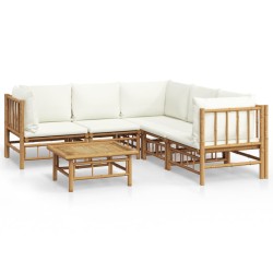 vidaXL Set de muebles de jardín 6 piezas bambú y cojines blanco crema