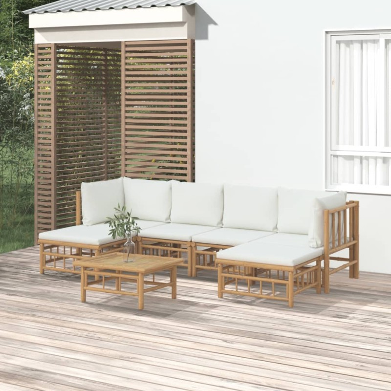 vidaXL Set de muebles de jardín 7 piezas bambú y cojines blanco crema vidaXL Set de muebles de jardín 7 piezas bambú y cojines blanco crema