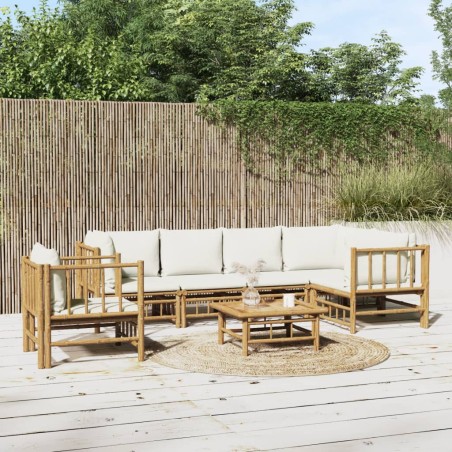 vidaXL Set de muebles de jardín 7 piezas bambú y cojines blanco crema