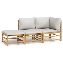 vidaXL Set de muebles de jardín 3 piezas bambú y cojines gris claro