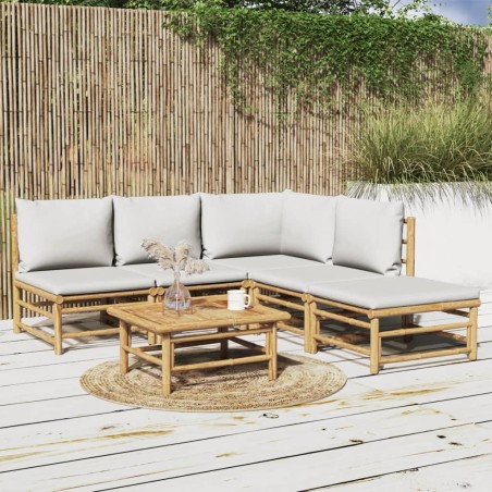 vidaXL Set de muebles de jardín 6 piezas bambú con cojines gris claro
