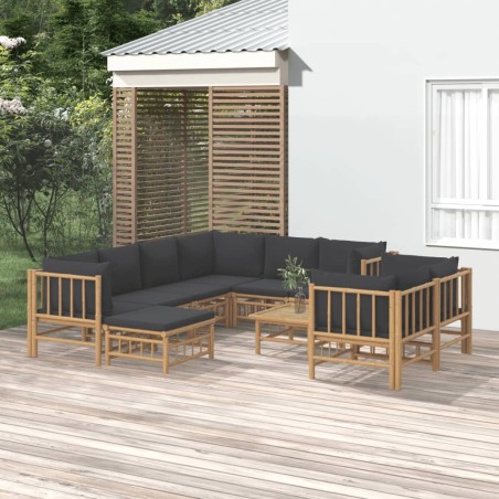 vidaXL Set de muebles de jardín 10 pzas bambú con cojines gris oscuro