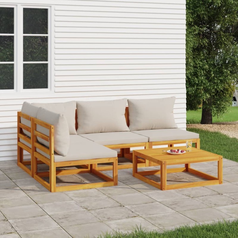 vidaXL Set muebles de jardín 5 pzas madera maciza y cojines gris claro vidaXL Set muebles de jardín 5 pzas madera maciza y cojines gris claro