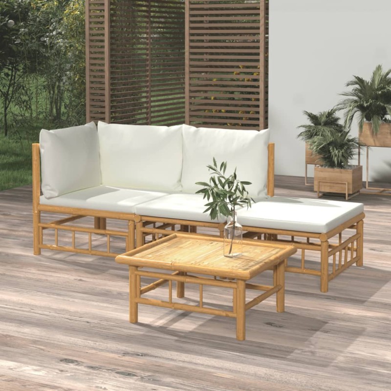 vidaXL Set de muebles de jardín 4 piezas bambú y cojines blanco crema vidaXL Set de muebles de jardín 4 piezas bambú y cojines blanco crema