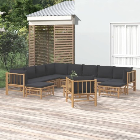 vidaXL Set de muebles de jardín 12 pzas bambú con cojines gris oscuro