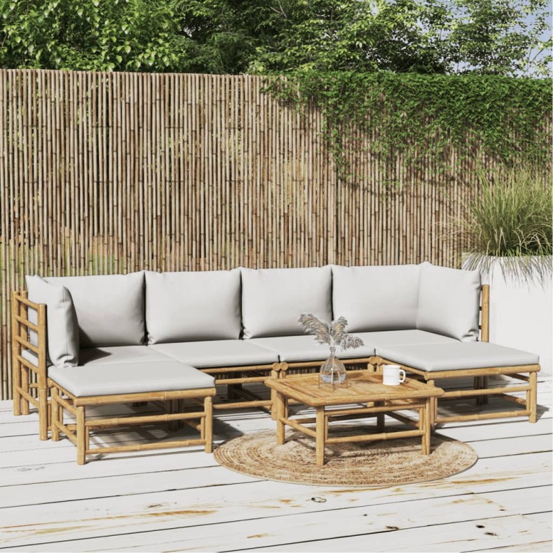 vidaXL Set de muebles de jardín 7 piezas bambú y cojines gris claro vidaXL Set de muebles de jardín 7 piezas bambú y cojines gris claro