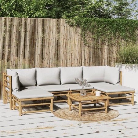 vidaXL Set de muebles de jardín 7 piezas bambú y cojines gris claro