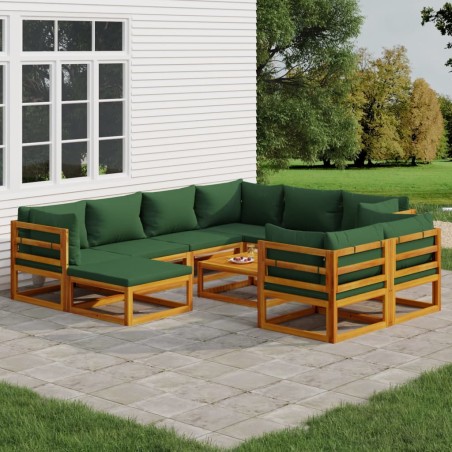 vidaXL Juego muebles de jardín 10 pzas madera maciza y cojines verdes