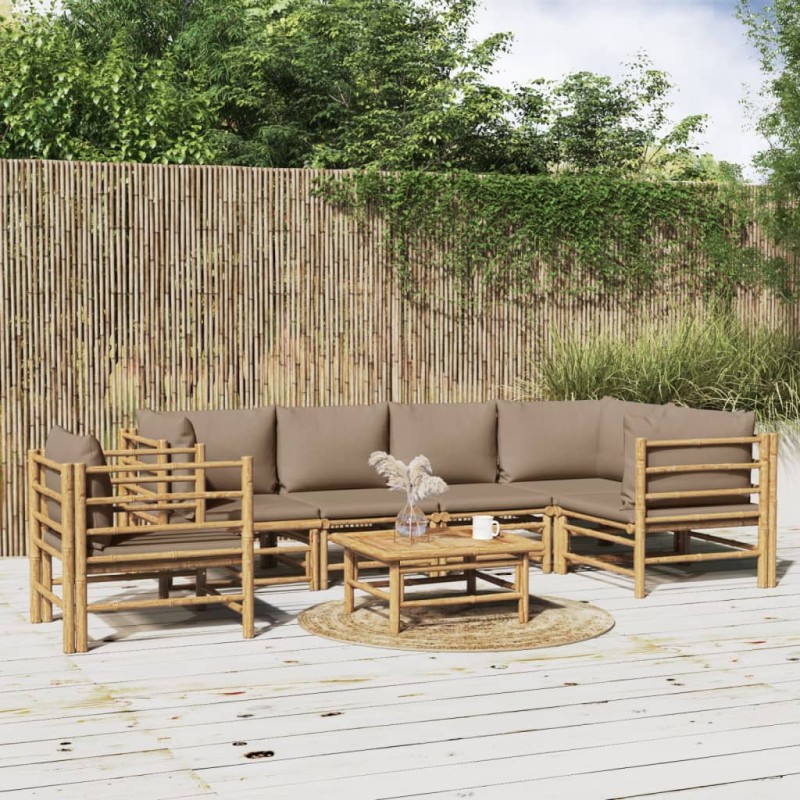 vidaXL Set de muebles de jardín 7 piezas bambú y cojines gris taupe vidaXL Set de muebles de jardín 7 piezas bambú y cojines gris taupe