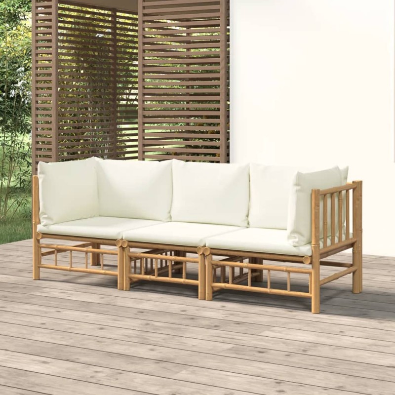 vidaXL Set de muebles de jardín 3 piezas bambú y cojines blanco crema vidaXL Set de muebles de jardín 3 piezas bambú y cojines blanco crema