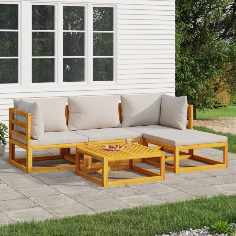 vidaXL Set muebles de jardín 5 pzas madera maciza y cojines gris claro vidaXL Set muebles de jardín 5 pzas madera maciza y cojines gris claro
