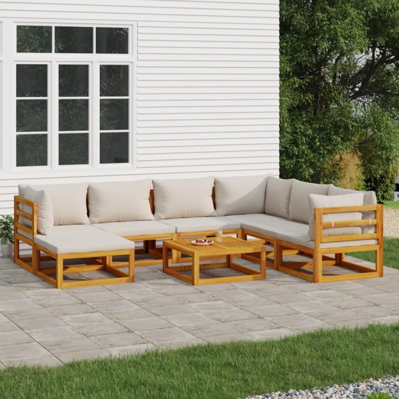vidaXL Set muebles de jardín 8 pzas madera maciza y cojines gris claro