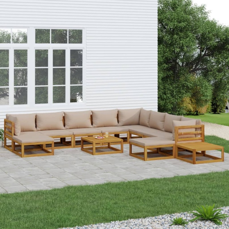 vidaXL Set muebles jardín 12 pzas madera maciza y cojines gris taupé