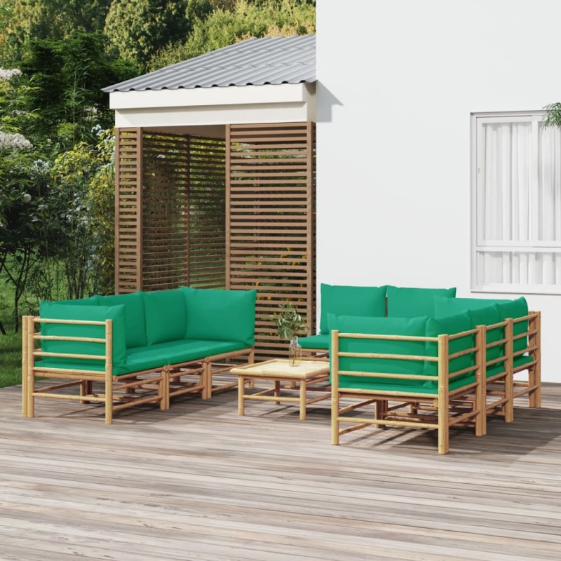 vidaXL Set de muebles de jardín 9 piezas bambú con cojines verde vidaXL Set de muebles de jardín 9 piezas bambú con cojines verde
