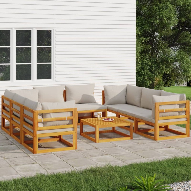 vidaXL Set muebles de jardín 9 pzas madera maciza y cojines gris claro vidaXL Set muebles de jardín 9 pzas madera maciza y cojines gris claro