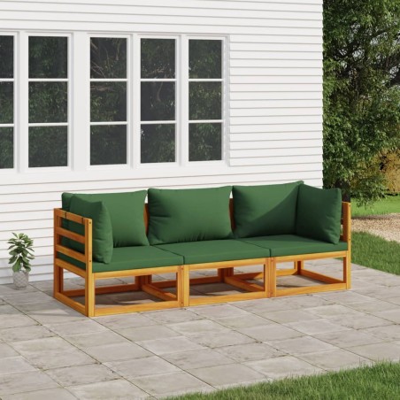 vidaXL Juego muebles de jardín 3 piezas madera maciza y cojines verdes
