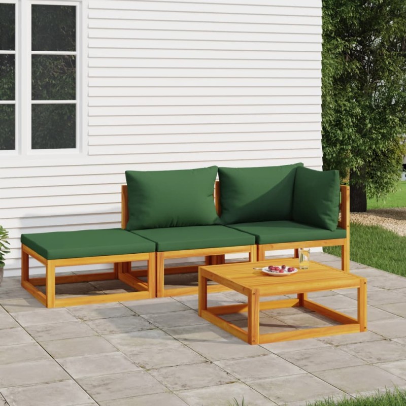 vidaXL Juego muebles de jardín 4 piezas madera maciza y cojines verdes vidaXL Juego muebles de jardín 4 piezas madera maciza y cojines verdes
