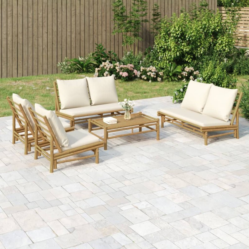 vidaXL Set de muebles de jardín 5 piezas bambú y cojines blanco crema vidaXL Set de muebles de jardín 5 piezas bambú y cojines blanco crema