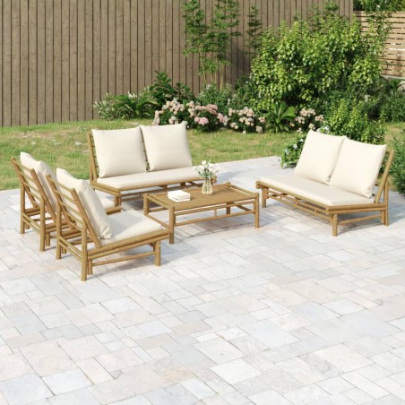 vidaXL Set de muebles de jardín 5 piezas bambú y cojines blanco crema