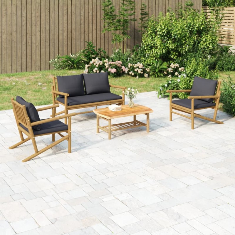 vidaXL Set de muebles de jardín 4 piezas bambú con cojines gris oscuro vidaXL Set de muebles de jardín 4 piezas bambú con cojines gris oscuro