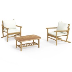 vidaXL Set de muebles de jardín 3 piezas bambú y cojines blanco crema