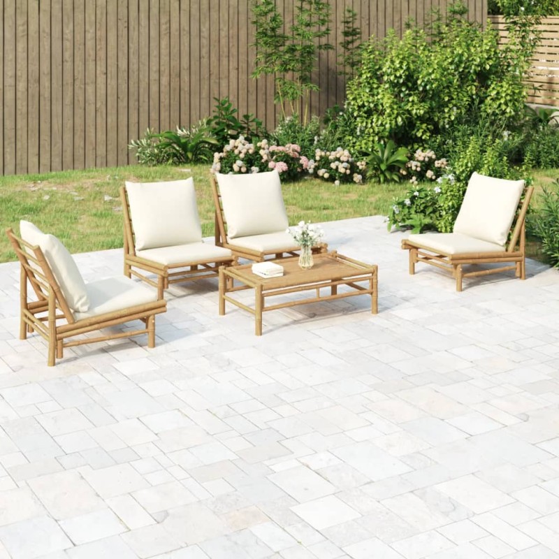 vidaXL Set de muebles de jardín 5 piezas bambú y cojines blanco crema vidaXL Set de muebles de jardín 5 piezas bambú y cojines blanco crema