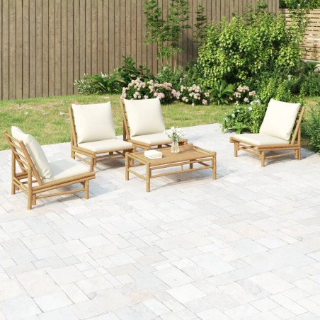 vidaXL Set de muebles de jardín 5 piezas bambú y cojines blanco crema