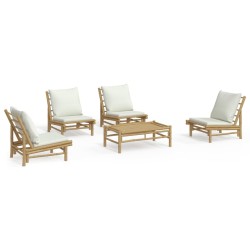 vidaXL Set de muebles de jardín 5 piezas bambú y cojines blanco crema