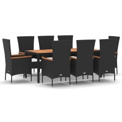 vidaXL Set de comedor de jardín 9 pzas y cojines ratán sintético negro