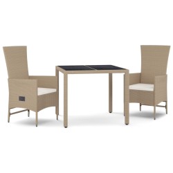 vidaXL Set comedor de jardín 3 pzas con cojines ratán sintético beige