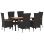 vidaXL Set de comedor de jardín 7 pzas y cojines ratán sintético negro