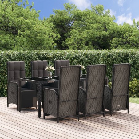 vidaXL Set de comedor de jardín 7 pzas y cojines ratán sintético negro