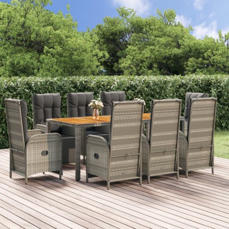 vidaXL Set comedor jardín 9 pzas y cojines ratán sintético gris