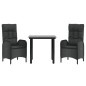 vidaXL Set comedor de jardín 3 pzas con cojines ratán sintético negro
