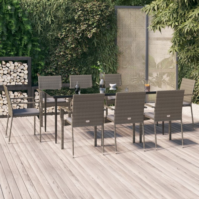 vidaXL Set comedor jardín 9 pzas y cojines ratán sintético negro gris vidaXL Set comedor jardín 9 pzas y cojines ratán sintético negro gris