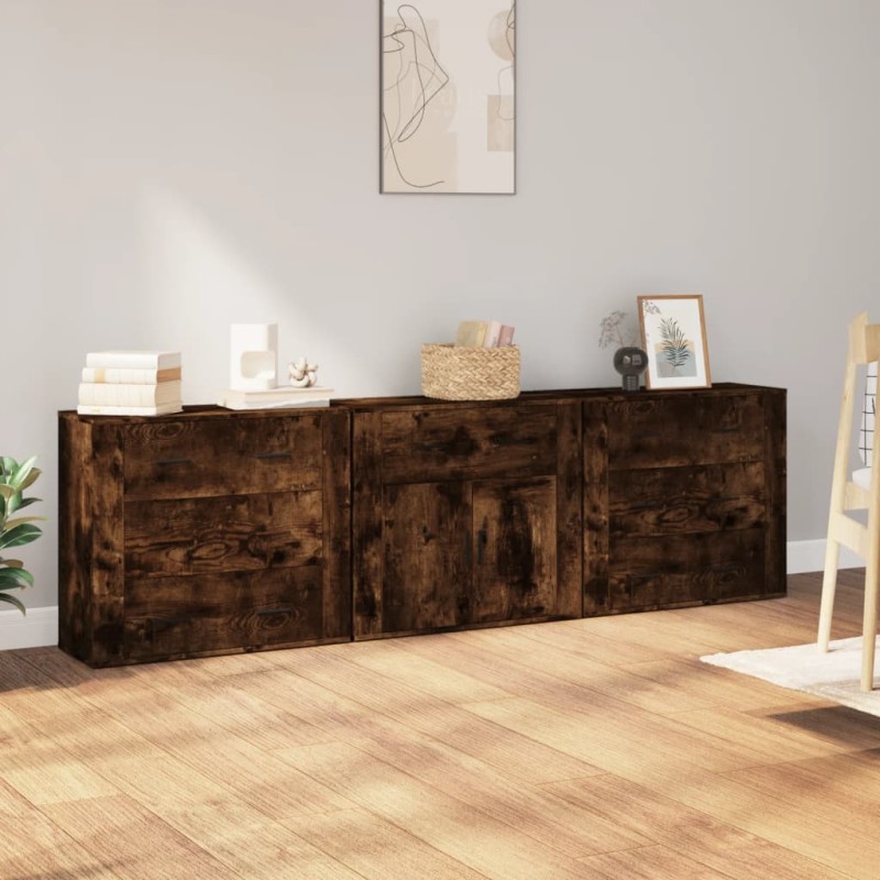 vidaXL Aparadores 3 piezas madera contrachapada roble ahumado vidaXL Aparadores 3 piezas madera contrachapada roble ahumado