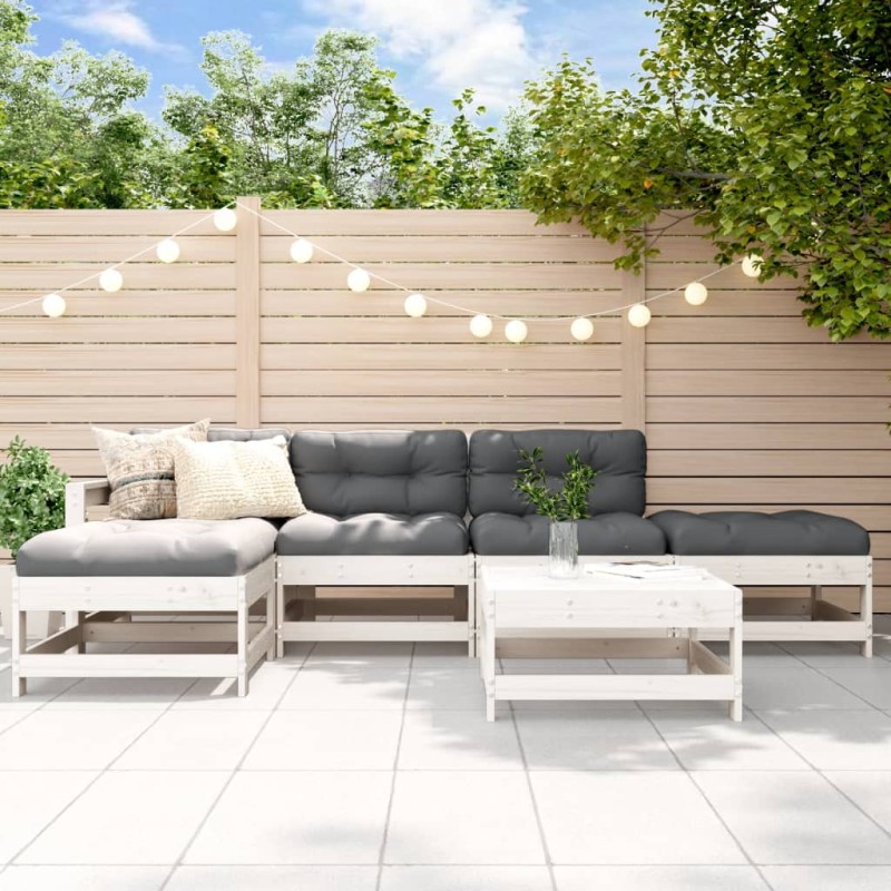 vidaXL Juego de muebles jardín 6 piezas y cojines madera maciza blanco vidaXL Juego de muebles jardín 6 piezas y cojines madera maciza blanco